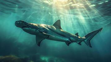 A large shark is swimming in open ocean water under a sunny sky. photo