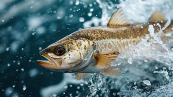 An image of a vibrant fish leaping out of the water, showing its impressive size and power. photo
