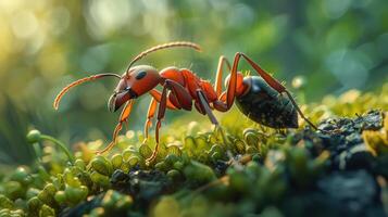 a close-up view of two red ants in the wild. One ant is walking on top of the other, photo