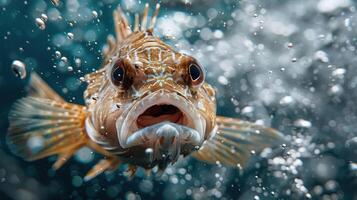 Underwater image of a clownfish with its mouth open and blowing bubbles, swimming near the surface. photo