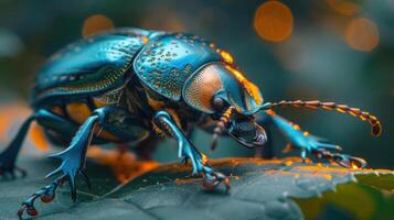A close-up image of a beetle with shiny blue body and antennae, photo