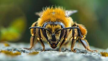 A bee stands on a leaf with a slight frown, as if it's not quite pleased with the world. photo