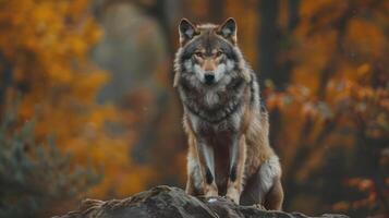 Wolf standing on top of a rock in the fall, looking at something with intense focus and alertness. photo