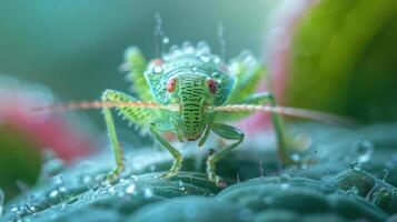 A green lizard resting on a leaf, surrounded by dew drops. photo