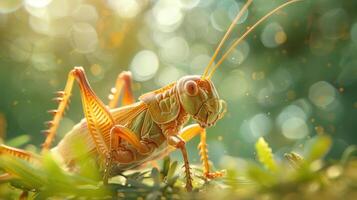 A close-up photo of a grasshopper with a blurry background, emphasizing the insect.