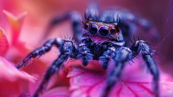 A colorful close-up photograph of a spider with pink flowers in the background photo