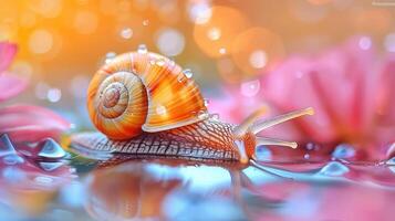 Vibrant and colorful scene featuring a snail with radiant shell swimming on top of red flowers, photo