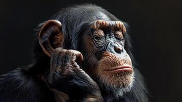 a picture of a monkey. The monkey has its hand on its ear, photo