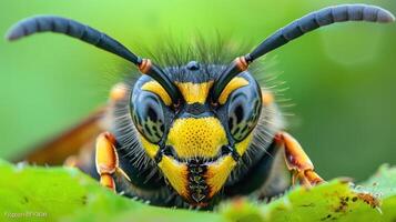 A yellow and black bee with a prominent face staring directly into the camera. photo