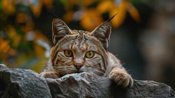 A serene autumn scene featuring a lynx peeking out from between rocks and foliage, photo