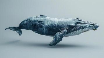 A digital rendering of a blue whale floating in the ocean, surrounded by starry space imagery. photo