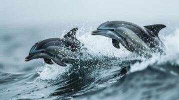 A pair of dolphins leaping over a wave in the ocean. photo