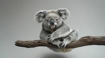 Cute koala clinging to a tree branch with a smiling face. photo