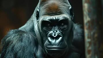 A close-up image of a gorilla looking directly at the camera. photo