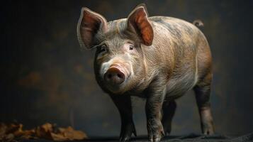 A cute piglet standing on a surface with its head turned slightly to the side. photo