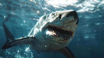 A shark in the ocean showing a broad smile with its mouth open, displaying teeth and pectoral fins. photo