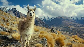 An alpaca standing on a rocky mountain ledge with a backdrop of snowcapped mountains under a clear s photo