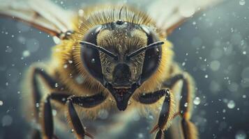 Close-up of a bee looking forward, possibly after landing or taking off. photo