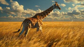 A giraffe walking in a field of tall grass, with the sun shining and clouds in the sky. photo