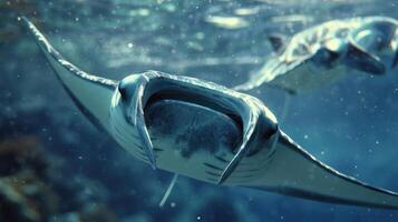 A close-up view of two stingrays gliding beneath the ocean's surface, one slightly above the other. photo
