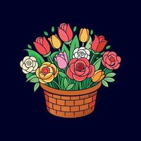 a basket with flowers on it, on a dark background vector