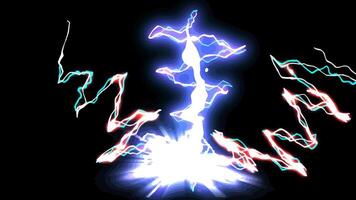 Neon blue lightning strike art game. Magical thunderbolt graphic design. Lightning impact cartoon. vector