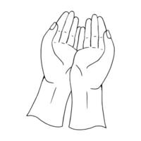 Two open palms hands gesture illustration in black and white simple style. Poverty, outstretched or raised in asking prayer hands line sketch vector