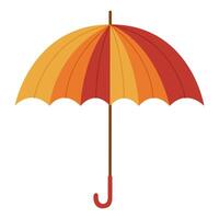 Multicolored open umbrella isolated on white background. Rainy weather protection. Yellow, orange and red colors. Accessory with curved handle. Flat illustration vector