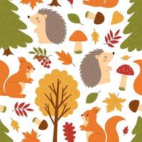 Seamless pattern with autumn forest. Trees, leaves, mushrooms, rowan, squirrel and hedgehog. Woodland plants and animals. Fall season print. Flat illustration isolated on white background vector