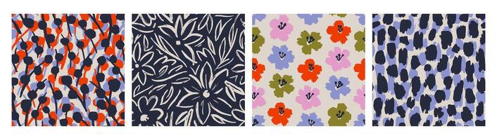 Set of Abstract contemporary seamless pattern with hand drawn flower shapes, spots, dots and lines with textures. Vibrant boho print. Modern collage illustration vector