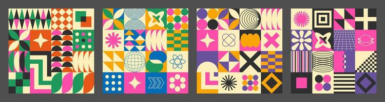 Abstract simple geometric seamless pattern with figure, form, shapes, circle and lines in Bauhaus style. Vibrant grunge geometry brutalism y2k 2000s print. Modern collage illustration vector