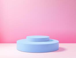Realistic 3D blue circle platform podium or pedestal on pink background with shadow. Empty space for product display presentation. Minimalistic mockup with copy space . Stage showcase design vector