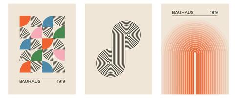 Set of trendy modern abstract geometric bauhaus posters with circle, square line shape. Minimalistic print for wall art decoration, postcard or brochure cover design in retro style art vector