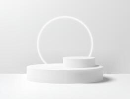 Realistic 3D white circle platform podium or pedestal on gray background with shadow. Empty space for product display presentation. Minimalistic mockup with copy space . Stage showcase design vector