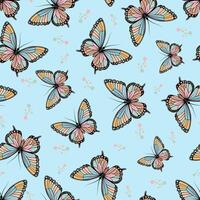 A seamless pattern featuring a butterfly on a blue backdrop in a boho nspired style. vector