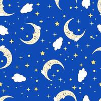 Seamless pattern featuring a moon and clouds on a blue backdrop. vector