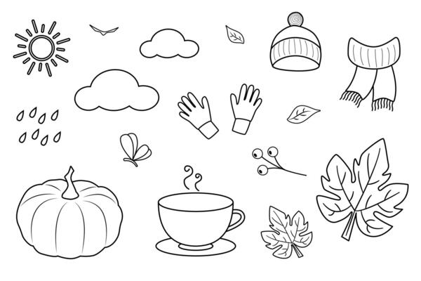 Autumn doodle set. Hand drawn illustration of hat, scarf, gloves, pumpkin, leaf, clouds. Line sketch drawing of cup of hot tea, rainfall and warm clothes. Hello Autumn text.
