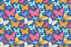 Seamless pattern with colorful butterflies on blue background illustration. vector