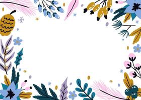 Christmas background with winter plants. Festive background, flat style frame. Frame with spruce branches, berries, leaves and flowers. vector