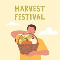 man holds a basket of vegetables in his hands. Harvest festival vector