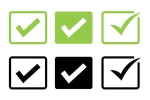 Check mark icons. A check mark icon indicates that the task is completed or that the task is approved to be completed. Yes checkbox, in black and green. vector