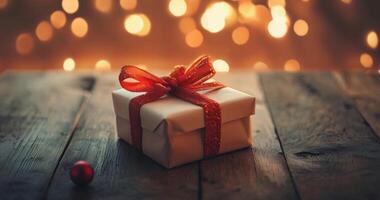 A beautifully wrapped gift sits elegantly on a wooden table, adorned with a shimmering red ribbon and a festive bow. The warm bokeh lights in the background evoke a cozy, celebratory video