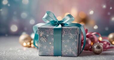 in stunning 4K resolution captures a beautifully wrapped gift box with a ribbon, set against a festive backdrop featuring pine branches and twinkling lights video