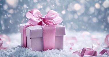 in stunning 4K resolution captures a beautifully wrapped gift box with a pink ribbon, set against a festive backdrop featuring pine branches and twinkling lights video