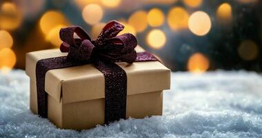 A beautifully wrapped gift sits elegantly on a wooden table, adorned with a shimmering red ribbon and a festive bow. The warm bokeh lights in the background evoke a cozy, celebratory video