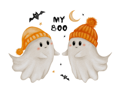 lekfull halloween scen. förtjusande spöken innehav händer med min bua under de månsken png