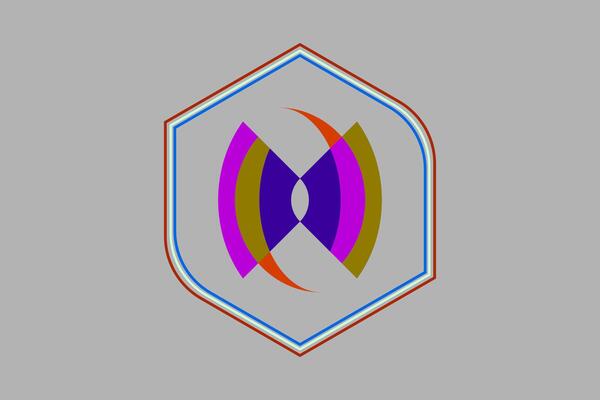 a purple and orange logo with a circle in the middle