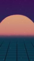 Retro Futuristic.Flight over the grid and sunset. 80s Retro Sci-fi. Retro 80s style grid sun stars old tv screen animation background, new unique vintage beautiful dynamic joyful colorful video
