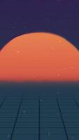 Retro futuristic Intro landscape. Flight over neon mesh with the setting sun and stars. Concept of retro animation video