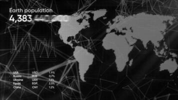 Gray and green graph. Motion.Shown is a world map with a population that is shown in numbers in each country in 3d animation. video